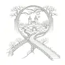 night sky train tracks bridge moon winter trees with a maze around it leading to the castle tattoo design idea