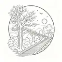 night sky train tracks bridge moon winter trees with a maze surrounding tattoo design idea