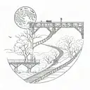 night sky train tracks bridge moon winter trees with a maze surrounding tattoo design idea