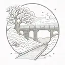 night sky train tracks bridge moon winter trees with a maze surrounding tattoo design idea