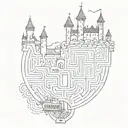 Labyrinth with castle and train track amd bell tattoo design idea