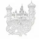 Labyrinth with castle and train track amd bell tattoo design idea