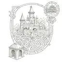 Labyrinth with castle and train track amd bell tattoo design idea