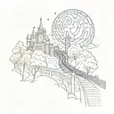 night sky train tracks bridge moon winter trees with a maze around it leadinf to the castle tattoo design idea