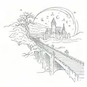 night sky train tracks bridge moon winter trees with a maze around it leadinf to the castle tattoo design idea