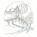 night sky train tracks bridge moon winter trees with a maze around it leadinf to the castle tattoo design idea