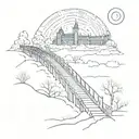 night sky train tracks bridge moon winter trees with a maze around it leadinf to the castle tattoo design idea