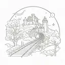 night sky train tracks bridge moon winter trees with a maze around it leading to the castle tattoo design idea