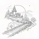 night sky train tracks bridge moon winter trees with a maze around it leading to the castle tattoo design idea