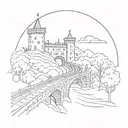 night sky train tracks bridge moon winter trees with a maze around it leading to the castle tattoo design idea