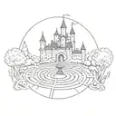 Labyrinth with castle and train track amd bell tattoo design idea