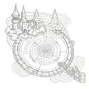 Labyrinth with castle and train track amd bell tattoo design idea
