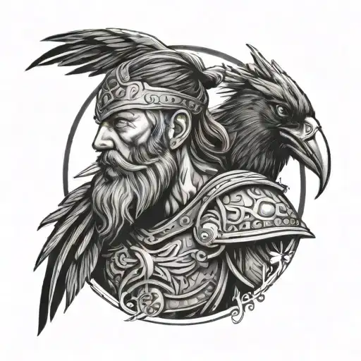 old and long bearded viking warrior and raven bird tattoo design idea