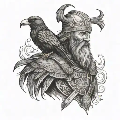 old and long-bearded viking warrior with a raven bird below tattoo design idea