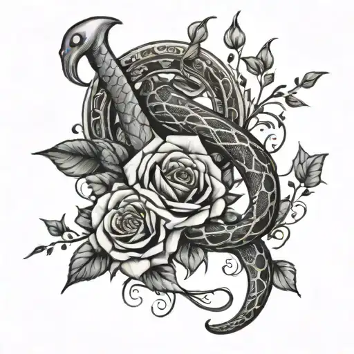 vines and roses wrapped with a snake and Mockingjay bird  tattoo design idea