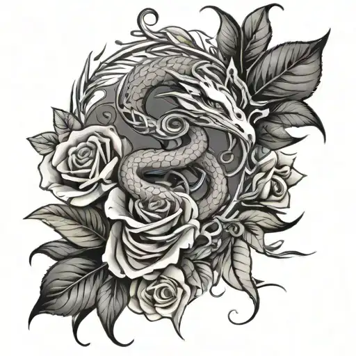 vines and roses wrapped with a snake and Mockingjay bird  tattoo design idea