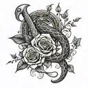vines and roses wrapped with a snake and Mockingjay bird  tattoo design idea