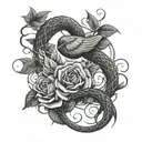 vines and roses wrapped with a snake and Mockingjay bird  tattoo design idea