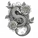 vines and roses wrapped with a snake and Mockingjay bird  tattoo design idea