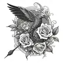 vines and roses wrapped with a snake and Mockingjay bird  tattoo design idea