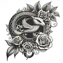 vines and roses wrapped with a snake and Mockingjay bird  tattoo design idea