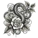 vines and roses wrapped with a snake and Mockingjay bird  tattoo design idea