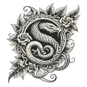 vines and roses wrapped with a snake and Mockingjay bird  tattoo design idea