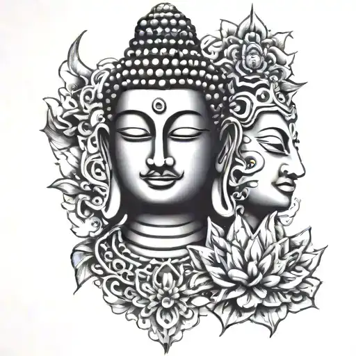 half face lord Buddha and half face lord shiva tattoo design idea