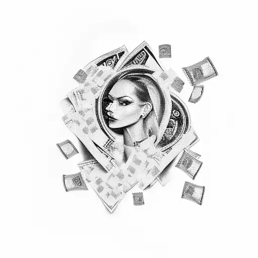 Create a tattoo featuring a powerful woman surrounded by stacks of money and drugs, representing strength and ambition tattoo design idea