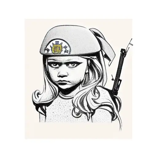 little girl with Kalashnikov gun and flag of Ukraine stand against Russian tank tattoo design idea