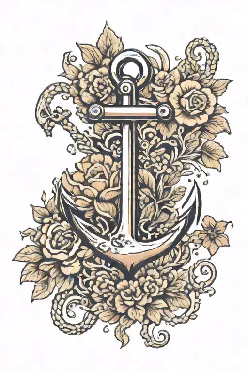 an anchor on the bottom of the sea with flowers and coral tattoo design idea