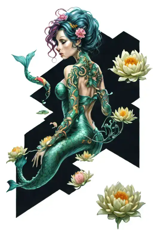 A robotic mermaid swimming in an underwater city, surrounded by glowing chrysanthemum gardens tattoo design idea