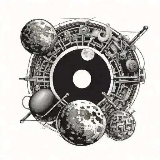 An abstract representation of a full moon with gym equipment incorporated in blackwork style tattoo design idea