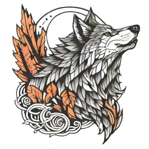 A geometric wolf howling at the moon in a dotwork style tattoo design idea