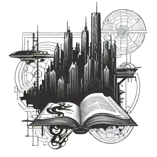 A futuristic cyberpunk cityscape incorporating elements of your favorite book quotes tattoo design idea