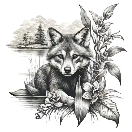 black orchid in front of a lake with a wolf cub  tattoo design idea