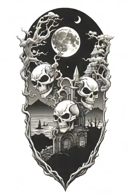 ghastly, misdreavus, and duskull in a graveyard chasing each other under a full blood moon tattoo design idea