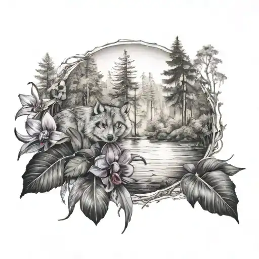 black orchid in front of a forest lake with a wolf cub tattoo design idea