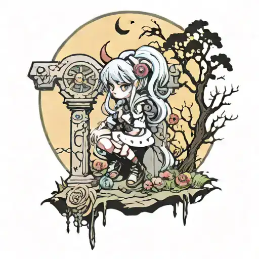 misdreavus in graveyard under a full moon tattoo design idea