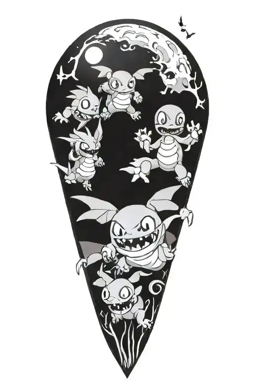 ghastly pokemon, misdreavus pokemon, and duskull pokemon chasing each other under a full blood moon tattoo design idea