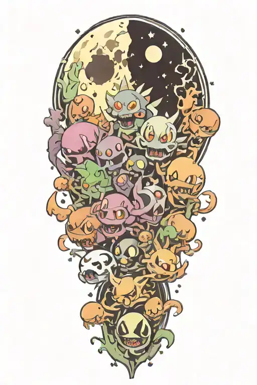 ghastly pokemon, misdreavus pokemon, and duskull pokemon in a graveyard chasing each other under a full blood moon tattoo design idea