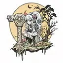 misdreavus in graveyard under a full moon tattoo design idea