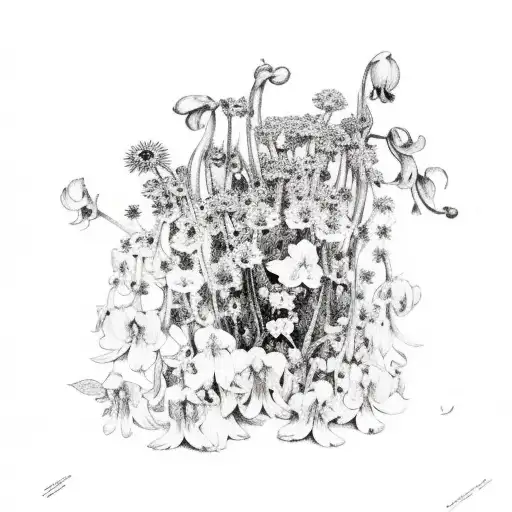 composition florale d'oeillet d'inde rose, muguet, orchidée blanche et myosotis tattoo design idea