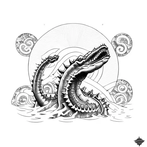 ogopogo lake monster wrapped around cicumference of circle tattoo design idea