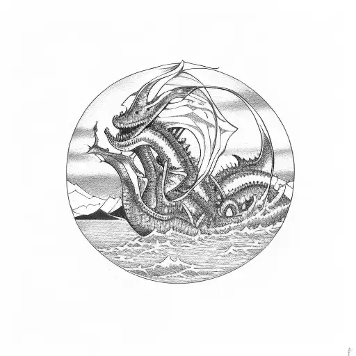 ogopogo lake monster wrapped around cicumference of circle tattoo design idea