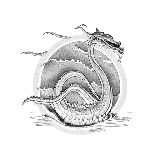 ogopogo lake monster wrapped around the outside of an empty circle tattoo design idea