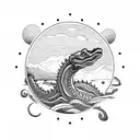 ogopogo lake monster wrapped around cicumference of circle tattoo design idea