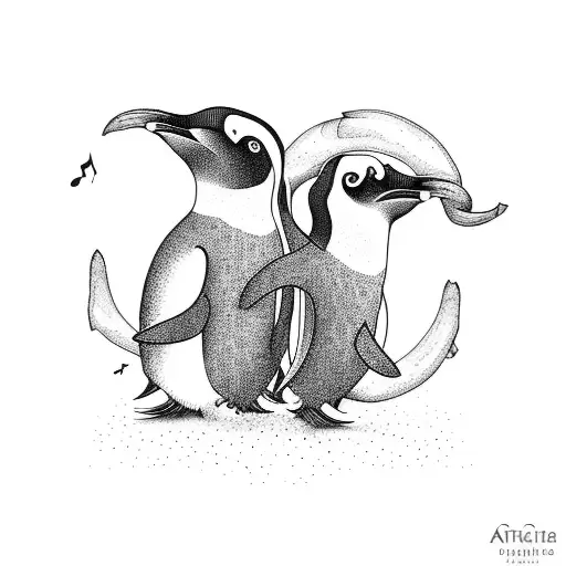 A couple dancing with musical instruments as penguins tattoo design idea