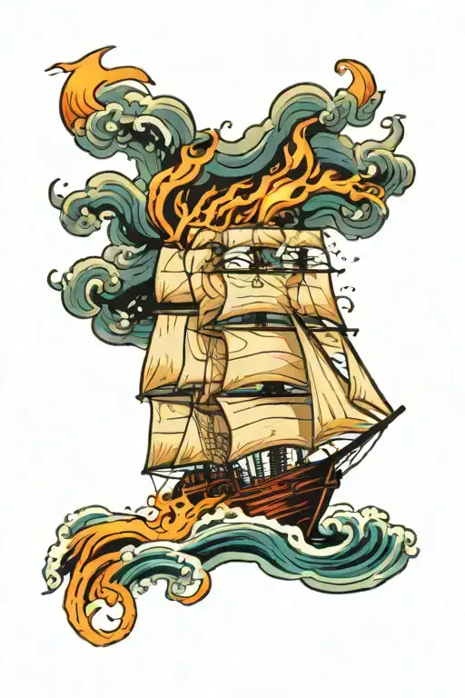 blazing fire wooden ship on fire sailing through ocean waves, sailor Jerry style, traditional tattoo, colorful tattoo design idea