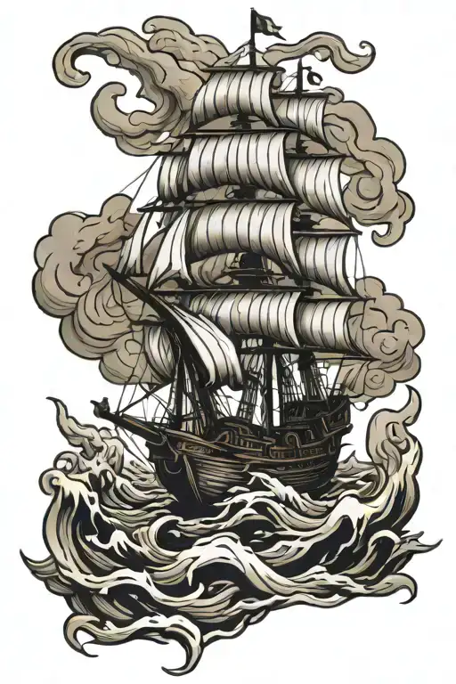 burning wooden ship sailing through a sea tattoo design idea